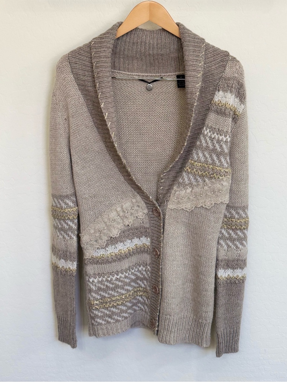 BKE Boutique Shawl Collar Cardigan Sweater Wool Blend Lace Knit Taupe Medium